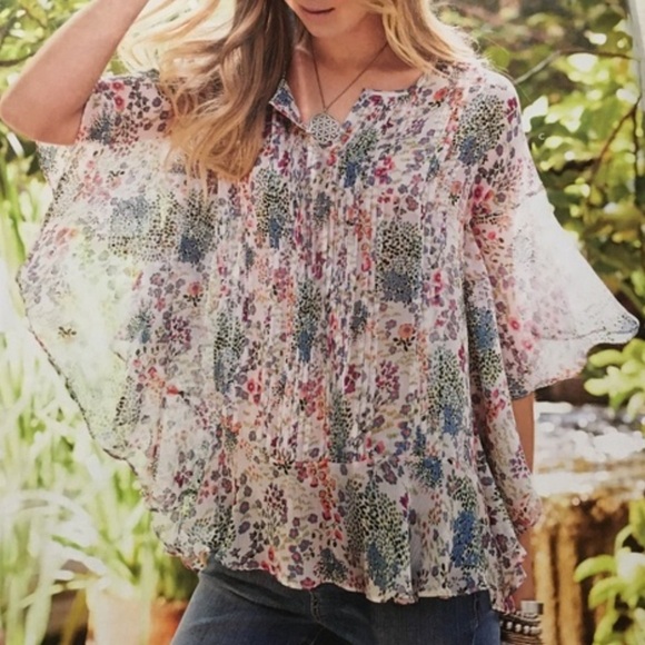 Sundance | Floral Pleated Chiffon Blouse Top Summer Boho Cottagecore Prairie - Picture 1 of 7